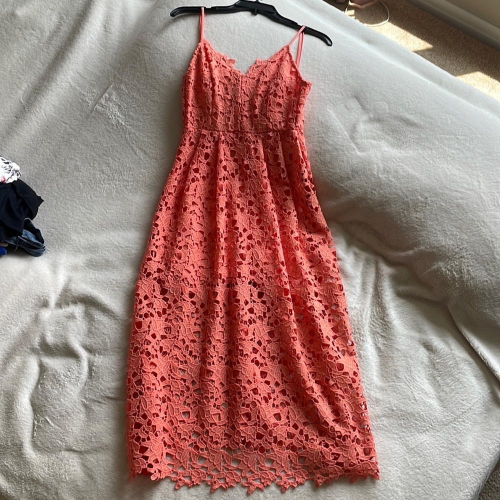 Astr Orange lace crochet midi dress